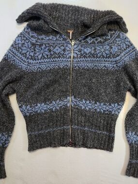 Free People Gray Hooded Zip Cardigan with Light Blue Pattern Large Womens Arctic